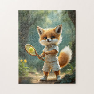 Süßer Fuchs spielt Tennis in einem verzauberten Wa Puzzle