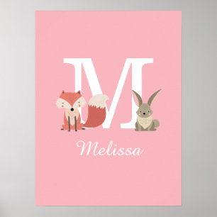 Süßer Fuchs und Waldtiere des Kaninchenwaldes Mono Poster