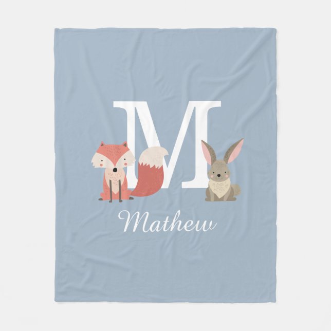 Süßer Fuchs und Waldtiere mit Monogramm Blau Fleecedecke (Vorderseite)