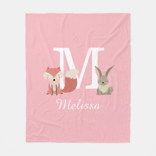 Süßer Fuchs und Waldtiere mit Monogramm Rosa Fleecedecke