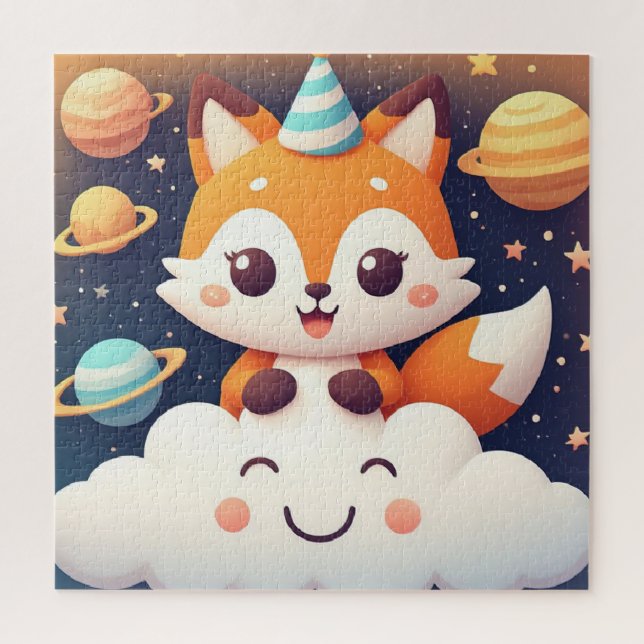Süßer Fuchs Weltraum Wolken Puzzle Für Kinder (Vertikal)
