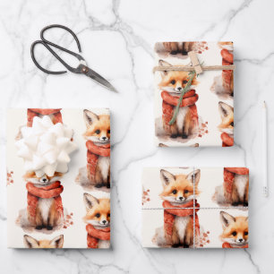 Süßer Fuchswelpe in einem roten Schal-Muster Geschenkpapier Set