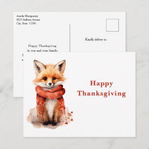 Süßer Fuchswelpe in einem roten Schal zum Thanksgi Feiertagspostkarte
