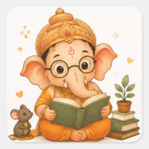Süßer Ganesha beim Lesen Ganesha Chaturthi Quadratischer Aufkleber