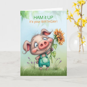 Süßer Geburtstags kleiner Junge Ferkel mit 'Ham it Karte
