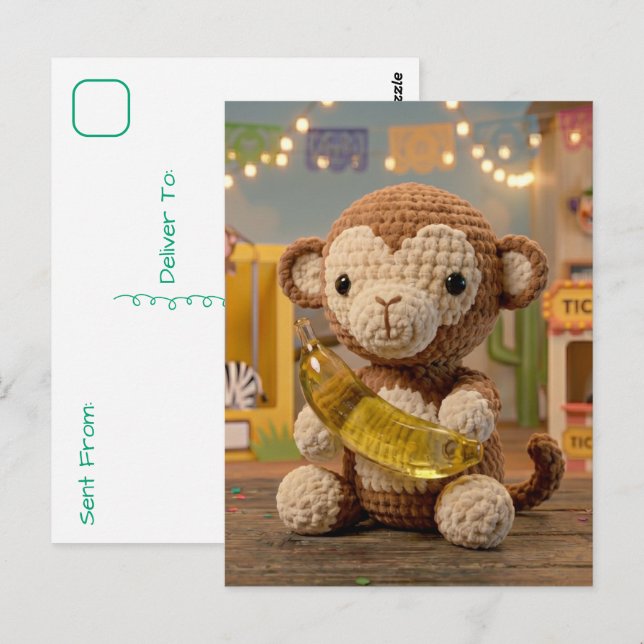 Süßer gehäkelt Affe mit Banane im Zoo Postkarte (Vorne/Hinten)