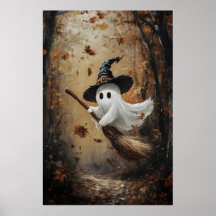 Süßer Geist, der auf einem Hexenbesen im Herbst fl Poster