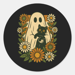 Süßer Geist hält schwarze Katze Groovy Floral Lust Runder Aufkleber