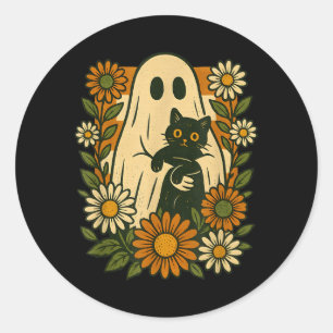 Süßer Geist hält schwarze Katze Groovy Floral Lust Runder Aufkleber