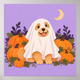 Süßer Geist-Hund in weißem Laken Halloween-Illustr Poster