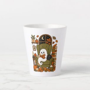 Süßer Geist liest Buch schwarze Katze Herbst Kürbi Milchtasse