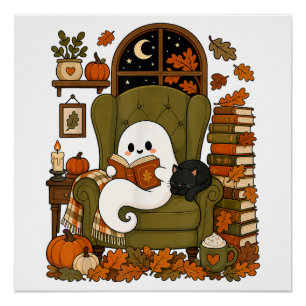 Süßer Geist liest Buch schwarze Katze Herbst Kürbi Poster