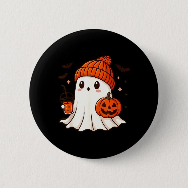 Süßer Geist mit Beanie, der Kürbis-Kaffee hält Button (Vorderseite)