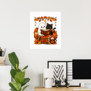 Süßer Geist schwarze Katze liest Buch Herbst Poster