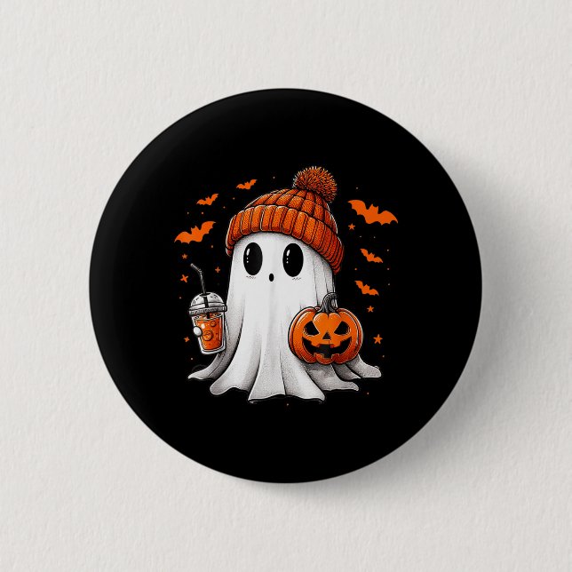 Süßer Geist trinkt eisgekühlten Kaffee Halloween-K Button (Vorderseite)