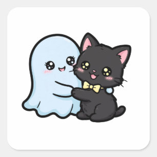 Süßer Geist und schwarze Katze Halloween Kawaii Quadratischer Aufkleber