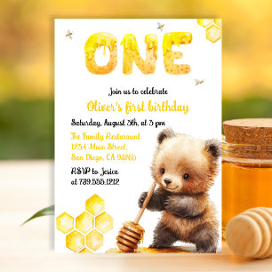 Süßer gelber Aquarell-Bär Honig Erster Geburtstag Einladung