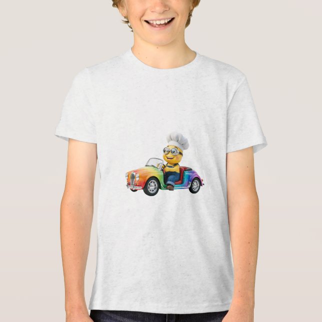 Süßer gelber Koch fährt Regenbogen-Oldtimer Tri-Blend Shirt (Vorderseite)