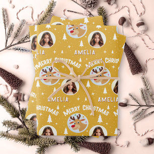 Süßer gelber Rentiere Kindername Foto Weihnachten Geschenkpapier Set