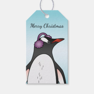 Süßer Gentoo-Pinguin mit Gehörschutz auf Blau Geschenkanhänger