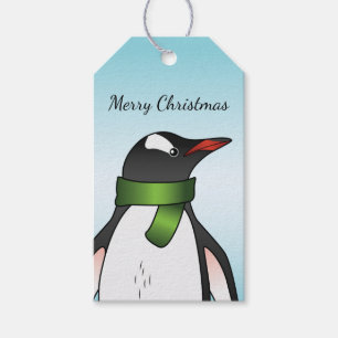 Süßer Gentoo-Pinguin mit grünem Schal auf Blau Geschenkanhänger