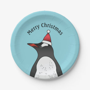 Süßer Gentoo-Pinguin mit Santa-Hut auf Blau Pappteller