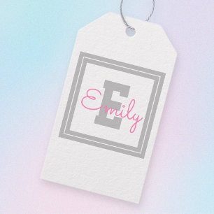 Süßer gerahmter Name & Monogramm   Hellgrau & Rosa Geschenkanhänger