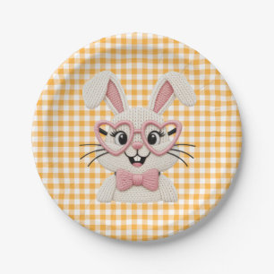 Süßer Gingham-Hase mit rosa Herzbrille Pappteller