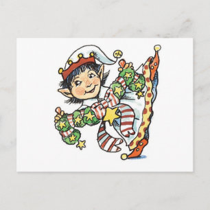 Süßer glücklicher Elf beim Tanzen, Retro-Weihnacht Feiertagspostkarte