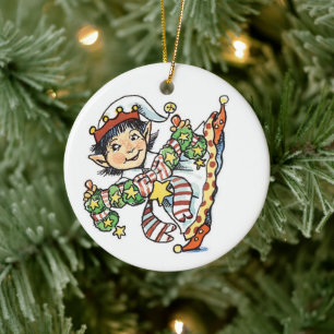 Süßer glücklicher Elf beim Tanzen, Retro-Weihnacht Keramik Ornament
