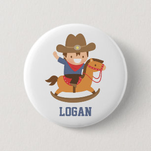 Süßer glücklicher kleiner Cowboy auf Schaukelpferd Button