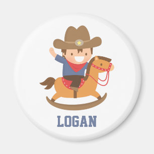 Süßer glücklicher kleiner Cowboy auf Schaukelpferd Magnet
