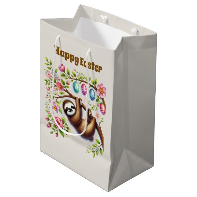 Süßer glücklicher Osterfaultier  Mittlere Geschenktüte (Vorderseite Schrägansicht)