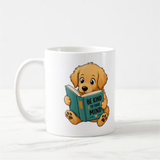 Süßer Golden Retriever liest ein Buch auf einer Ta Kaffeetasse