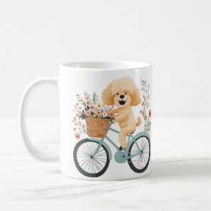 Süßer Goldendoodle-Hund beim Radfahren mit Frühlin Kaffeetasse