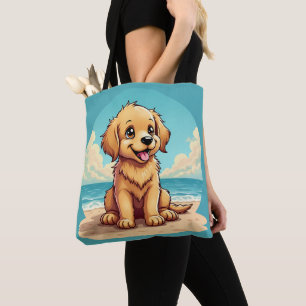 Süßer goldener Welpe an einem sonnigen Strandbild