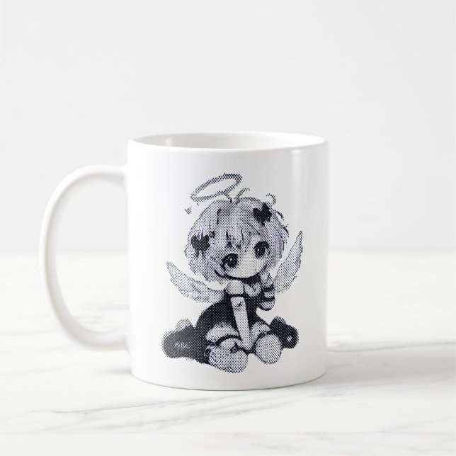 Süßer gothischer Engel Fee Chibi Schwarz & Weiß An Kaffeetasse (Links)