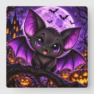 Süßer gothischer lila Fledermaus Halloween Mond Quadratische Wanduhr