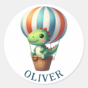 Süßer grüner Dino fliegt mit einem Heißluftballon Runder Aufkleber