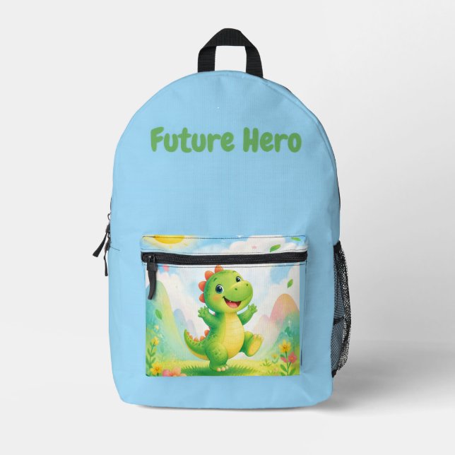 Süßer grüner Dinosaurier Future Hero blaues Design Bedruckter Rucksack (Vorderseite)