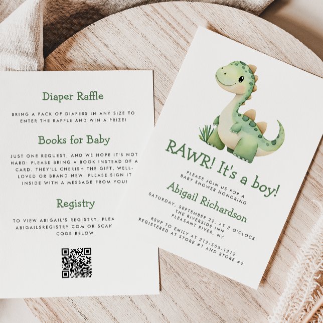 Süßer grüner Dinosaurier QR-Code Jungen-Baby-Party Einladung (Von Creator hochgeladen)