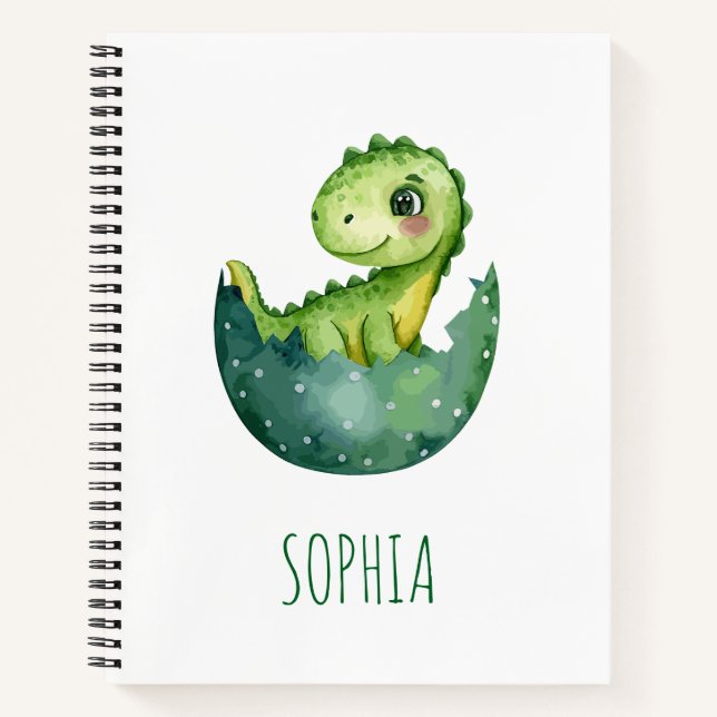 Süßer grüner Dinosaurier Wasserfarbe Kinder Schule Notizbuch (Vorderseite)