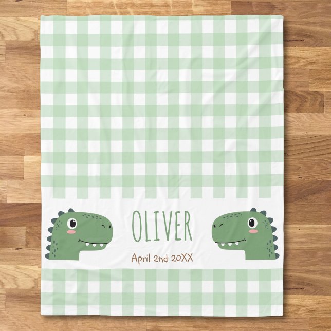 Süßer grüner Dinosaurierkopf Gingham Name Geburt Fleecedecke (Von Creator hochgeladen)