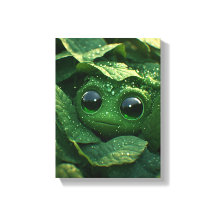 Süßer grüner Frosch versteckt in taufrischen Blätt