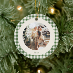 Süßer grüner Gingham-Foto-Jahres-Schmuck Keramik Ornament