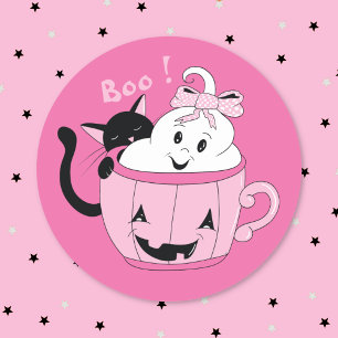 Süßer gruseliger Geist schwarze Katze rosa Hallowe Runder Aufkleber