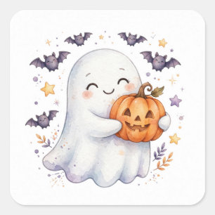 Süßer Halloween-Aufkleber Kürbis Umarmung Geist Quadratischer Aufkleber