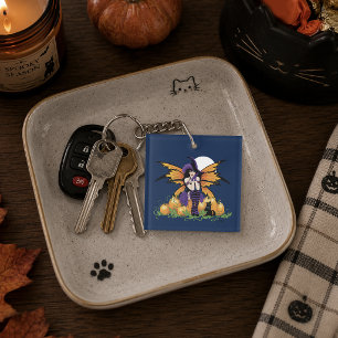 Süßer Halloween-Fee-Kürbisgarten schwarze Katze Schlüsselanhänger