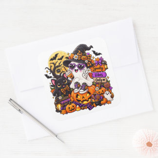 Süßer Halloween-Geist-Aufkleber | Gruselige Stimmu Quadratischer Aufkleber