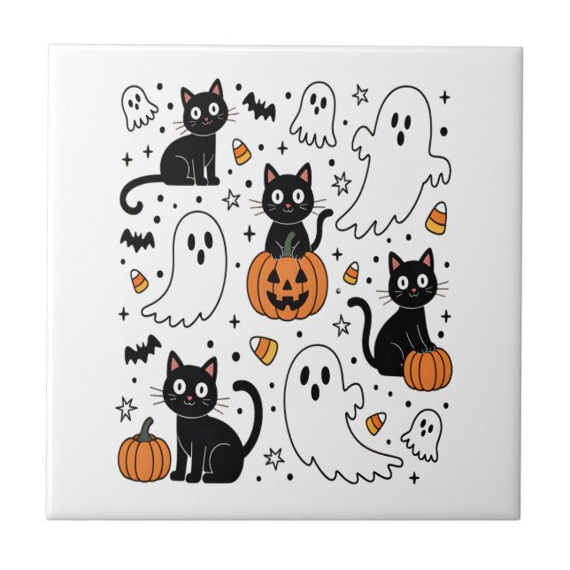 Süßer Halloween-Geist Boo-Katze Fliese (Vorderseite)